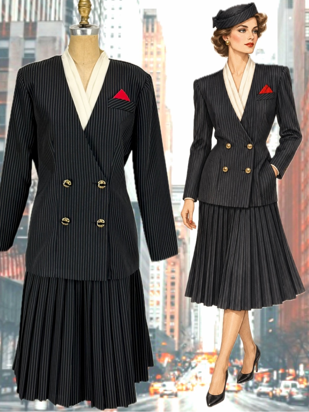 VINTAGE 80s power suit pinstripe pleated skirt set blazer working girl city chic